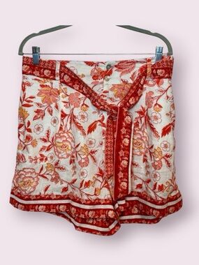 Rachel Zoe 100% Linen Boho Floral Shorts Orange Cream with Tie Belt Size XL